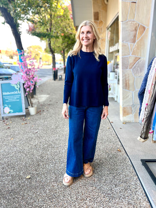 Merino Crew Neck Rib Knit with Scoop Hem - French Navy