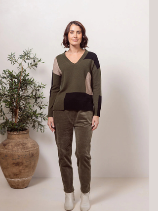 V-Neck Patchwork Sweat - Khaki Combo
