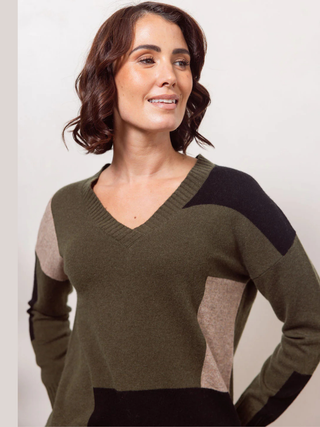 V-Neck Patchwork Sweat - Khaki Combo