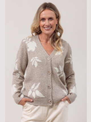 V-Neck Floral Cardigan - Wheat
