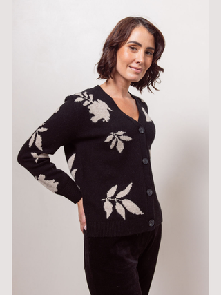 V-Neck Floral Cardigan - Black