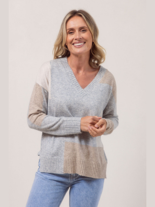 V-Neck Patchwork Sweat - Silver Combo