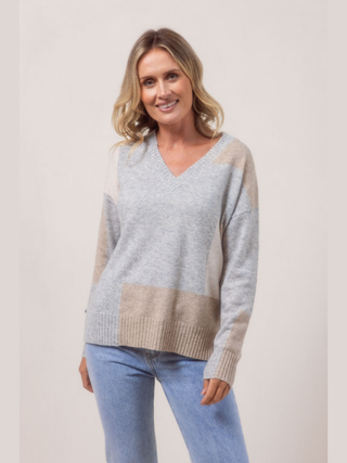 V-Neck Patchwork Sweat - Silver Combo