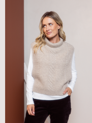 Side Split Cable Knit Vest - Oat marle