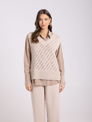 Pointelle V-Neck Vest - Almond