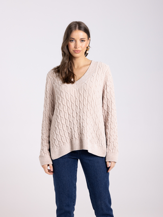 V-Neck Chenille Cable Knit - Latte
