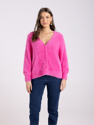 Fluffy Cardigan 7/8 Sleeves - Bright Pink