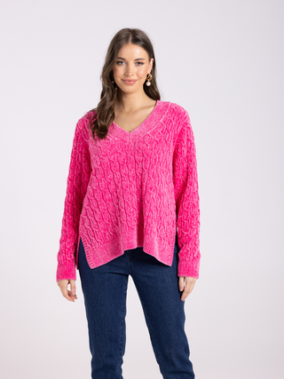 V-Neck Chenille Cable Knit - Bright Pink