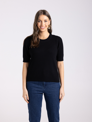 Rib Short Sleeve Crew Neck Knit - Black