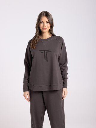 Scoop Hem Sweat with Logo Sequins - Espresso