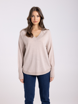 Merino V-Neck Rib Knit with Scoop Hem - Latte