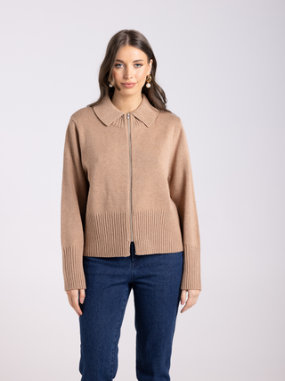 Merino Zip Through Cardigan - Camel