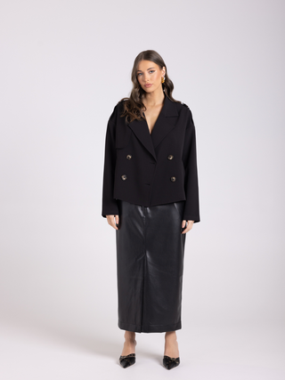 Dropped Shoulder Cropped Trench Coat - Black