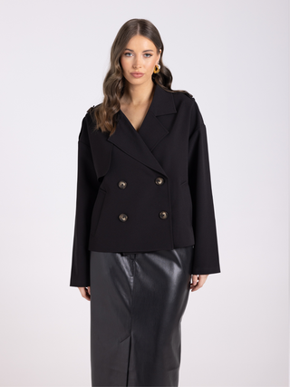 Dropped Shoulder Cropped Trench Coat - Black