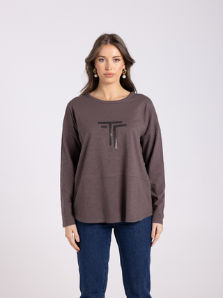 Logo Sequin Long Sleeve Crew Top - Espresso