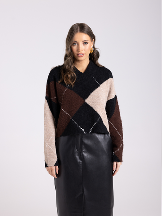 High Neck V-Neck Sweater with Diamond Design - Multi Neutrals