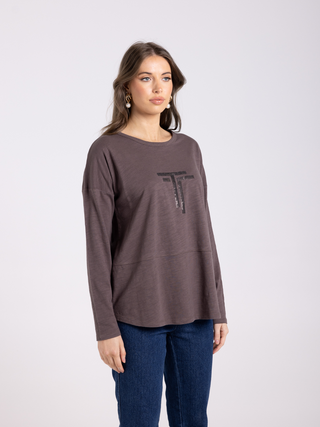 Logo Sequin Long Sleeve Crew Top - Espresso