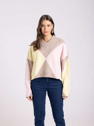 High Neck V-Neck Sweater with Diamond Design - Multi Pastel