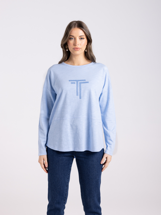 Logo Sequin Long Sleeve Crew Top - Powder Blue