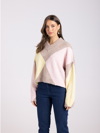 High Neck V-Neck Sweater with Diamond Design - Multi Pastel