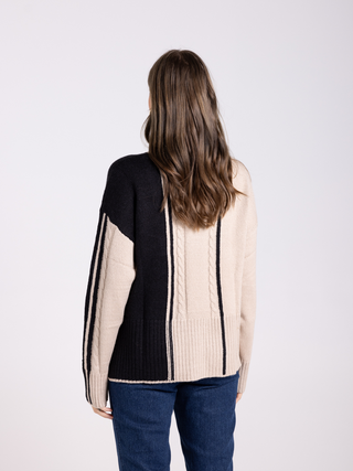Cable Knit Mock Neck Sweater - Almond/Black
