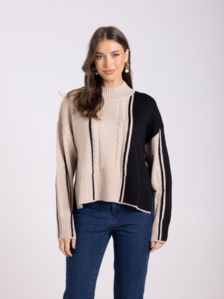 Cable Knit Mock Neck Sweater - Almond/Black