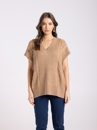 Cable V Neck Vest - Camel