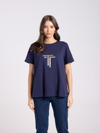 Logo Sequin Crew Tee - French Navy