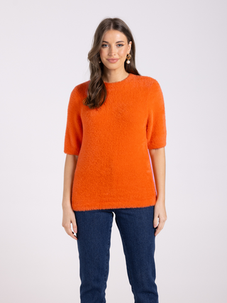 Fluffy Short Sleeved Crew Knit - Tangerine