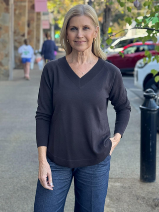 Merino V-Neck Rib Knit with Scoop Hem - Espresso