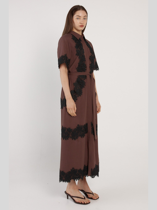 Cyra Linen Lace Dress - Chocolate
