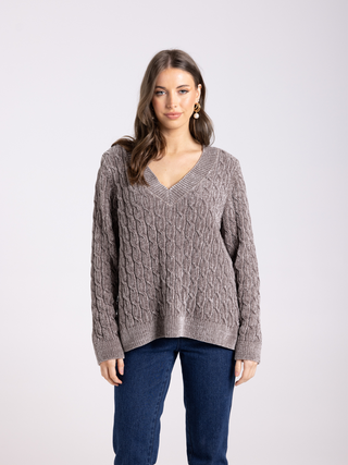 V-Neck Chenielle Cable Knit - Mocca